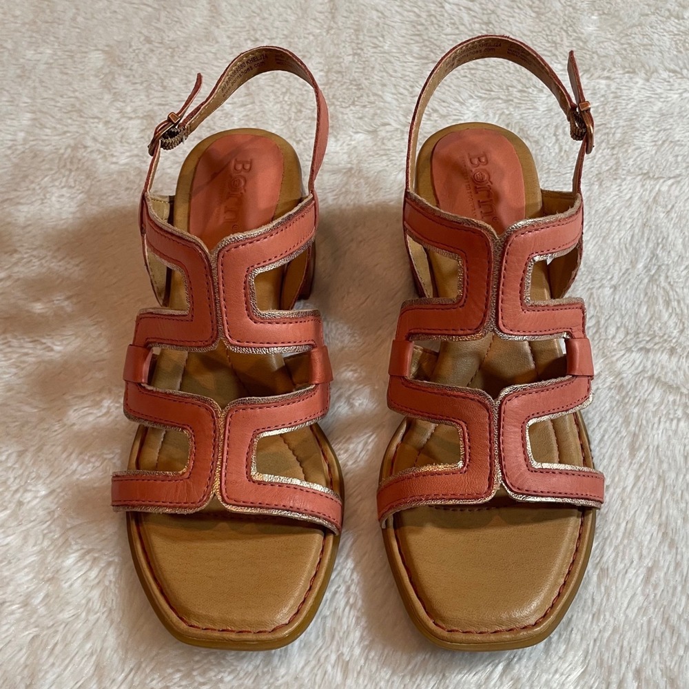 Born Sofia Rust Mango Metallic Leather Block Heel Sandals Coastal Euro Summer